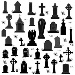 Fototapeta premium Big collection of Gravestone, Tombstone and Headstone silhouette icon isolated on white Background. Ancient RIP concept for Halloween Background and Texture. Funeral Element design set