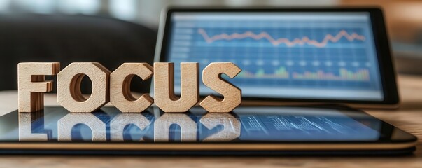 Focus word on a digital tablet with graphs in the background, representing concentration.