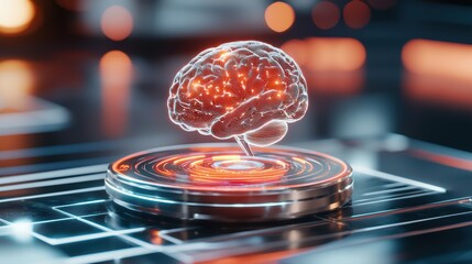 A glowing, futuristic brain hologram on a digital platform, showcasing advanced technology and neural networks.