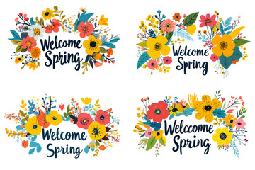 set of flowers and butterflies