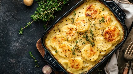 Close up view of casserole dish with scalloped potatoes and herbs