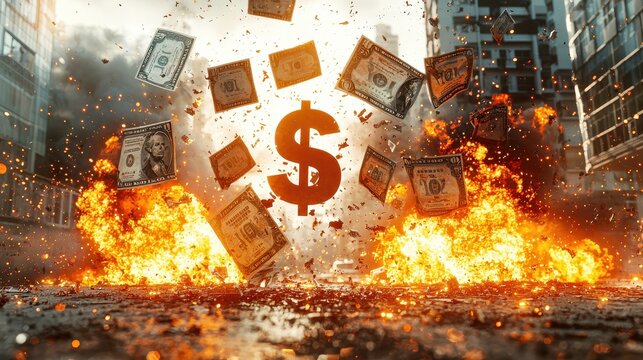 Currency Symbol Surrounded by Explosions and Chaos