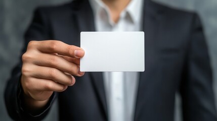 Fototapeta premium A person in a suit holds out a blank white card, ready to share contact information or a message.