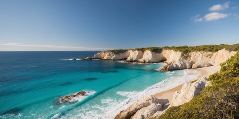 Obraz premium Scenic coastal cliffs with clear turquoise waters on a sunny day.