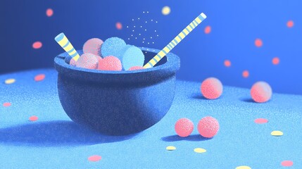 Colorful bowl of candy with playful straws on a bright blue background.