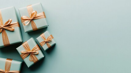 Festive gift boxes wrapped with gold ribbons on a blue background, ideal for celebratory or holiday-themed designs with copy space