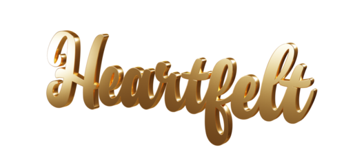 Luxury 3D gold text "Heartfelt" on transparent background. Three dimensional Realistic script letters for logotype, symbol, signage, message etc.