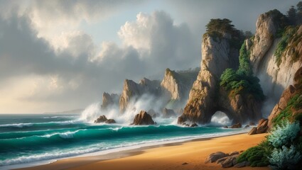 Dramatic coastal cliffs with ocean view under cloudy sky.