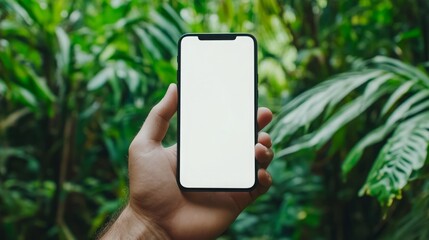 A hand holds a smartphone with a blank screen in front of a lush green foliage background.
