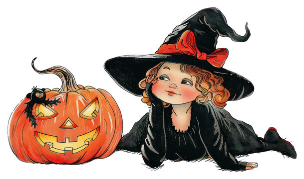 PNG Vintage watercolor of a Charming Halloween girl witch illustration