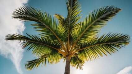 Tropical palm leaf aerial view and enveloping perspective.