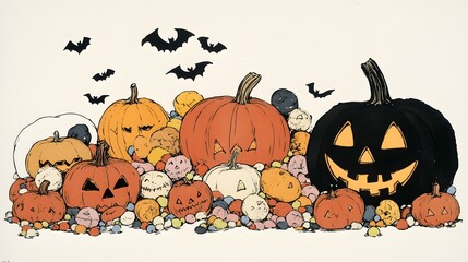 Colorful Halloween pumpkins with bats, featuring a playful spooky atmosphere.