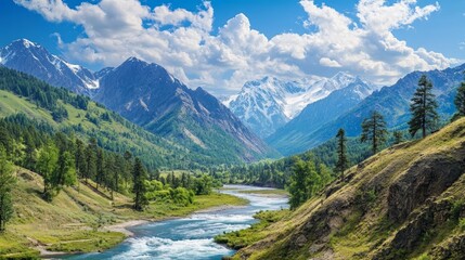 Picturesque mountain valley on a sunny summer day, wild river, panoramic view,