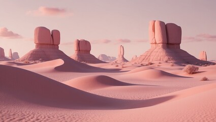 A pink desert landscape with pink rocks and pink sand.