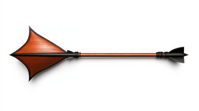 Futuristic Weapon: A close-up of a sleek, futuristic weapon with a sharp, triangular blade and a black, metallic tip. The weapon is crafted with intricate details and a rich, orange-brown finish.