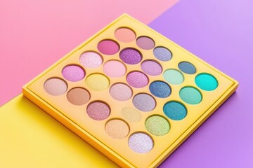 Colorful eyeshadow palette with vibrant shades on a pastel background.