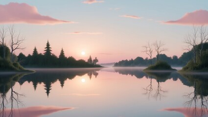 Fototapeta premium Tranquil Sunrise Over Mirrored Lake Serene New Beginnings Landscape Embracing Nature s Calming Energy.