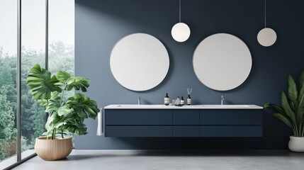 Modern bathroom with double round mirrors, navy blue vanity, and minimalist decor, offering a stylish and elegant space for daily self-care routines