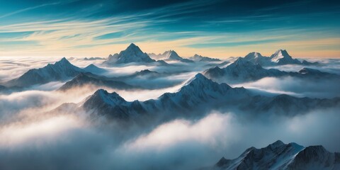 The misty peaks surrounded by thick clouds.