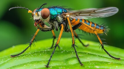 Fototapeta premium Robber flies are fierce predators that feed on other insects, including bees, wasps, butterflies, and even other flies., 