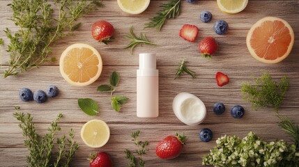 Natural beauty products arranged with fresh fruit and herbs on a wooden background. Generative AI