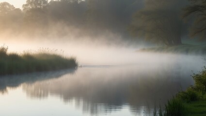 Fototapeta premium Tranquil morning scene by the river with misty water and reflections.