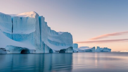 Icy cliffs along tranquil arctic waters at sunrise.