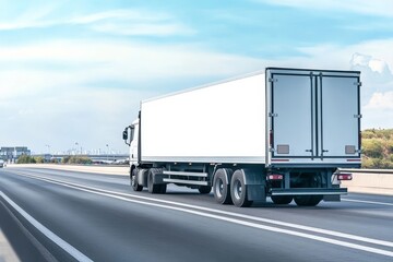 Cargo truck with a white blank empty trailer on highway road.