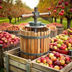 Traditional wooden fruit press with apple-filled barrels and boxes, orchard background, blue sky, apple harvest season