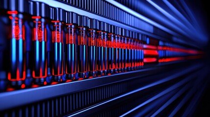 Futuristic data storage system with illuminated components, metallic and digital design.