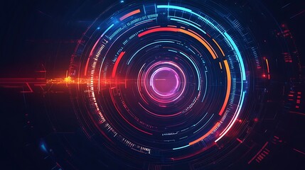 Abstract futuristic technology background with glowing neon circles and lines.
