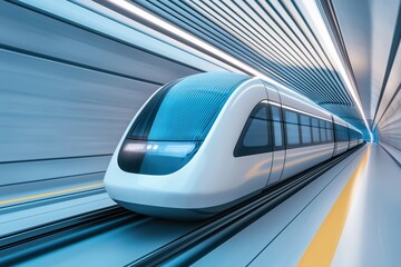 Fototapeta premium Futuristic high-speed train moving through a modern tunnel, showcasing sleek design and advanced technology.