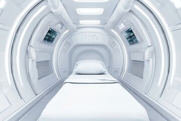 Fototapeta premium Futuristic medical pod with a sterile white interior, designed for patient treatment in a high-tech facility.