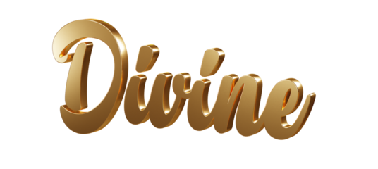 Luxury 3D gold text "Divine" on transparent background. Three dimensional Realistic script letters for logotype, symbol, signage, message etc.