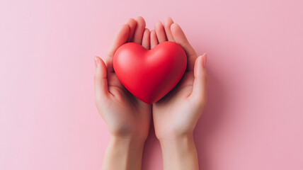 hands holding a red heart on a pink background. - a world heart day concept.