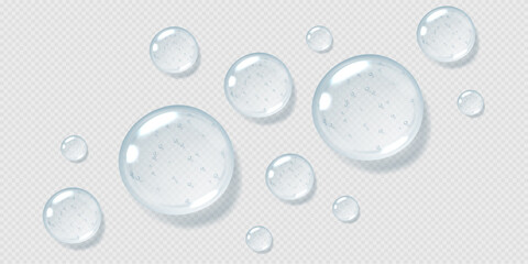 Serum drops, clear gel droplets, realistic glossy liquid, moisturizing cosmetic product, hyaluronic acid concept. Vector illustration.