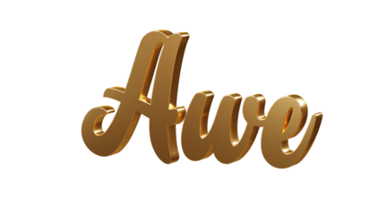 Luxury 3D gold text "Awe" on transparent background. Three dimensional Realistic script letters for logotype, symbol, signage, message etc.
