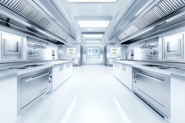 Modern commercial kitchen interior with stainless steel appliances and bright lights, designed for efficiency and cleanliness.