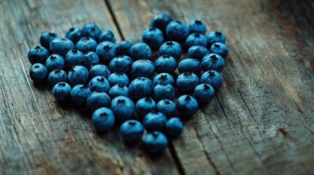 Heart-Shaped Blueberry Arrangement on Rustic Wooden Background. Heart-Healty concept, Heart-Check Certified Fruits.
