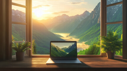 Fototapeta premium Laptop on wooden desk by window overlooking snowy mountain landscape, showcasing remote work in winter setting. Winter work retreat and mountain view concept, digital nomad lifestyle
