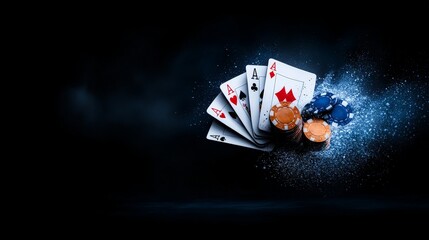 Obraz premium Royal Flush in the Dark: Dramatic poker image with four aces and poker chips exploding in a cloud of dust against a dark background. 