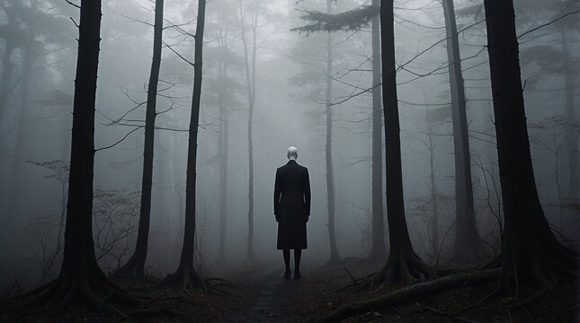 Slenderman in a foggy forest. Thin, unnaturally tall humanoid with a featureless white head, wearing a black suit. Illustration of the Slender Man from behind.
