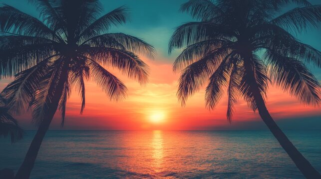 Silhouette of palm trees Beautiful sunset on the tropical sea beach background for travel in holiday relax time,