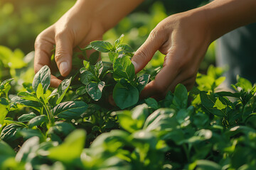 Fresh herbs are being carefully picked by hands in lush green garden, showcasing beauty of nature and joy of gardening. This moment captures essence of nurturing plants and connection to earth