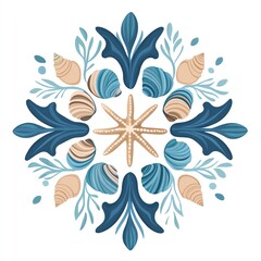 A decorative design featuring shells, a starfish, and leafy elements, showcasing a coastal or marine theme with blue and sandy colors.