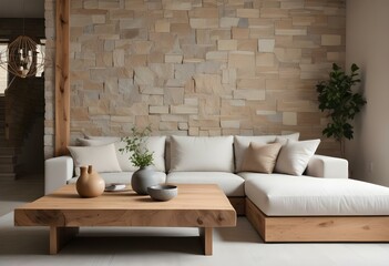 Fototapeta premium A modern living room with a large L-shaped sofa, a wooden coffee table, and a stone wall backdrop.