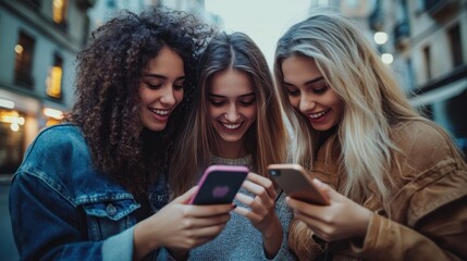 Three happy young friends watching a smart phone mobile outdoors - Millennials women using cellphone on city street - Technology, social, friendship and youth concept. looking at their phone