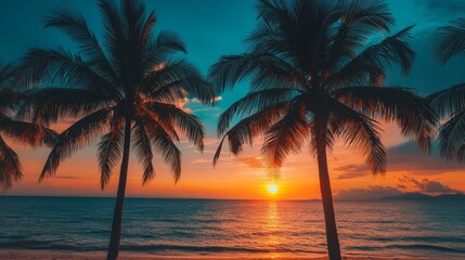 Silhouette of palm trees Beautiful sunset on the tropical sea beach background for travel in holiday relax time,