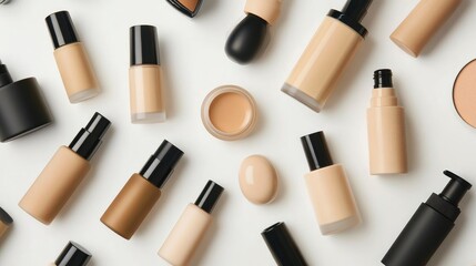 Obraz premium A variety of liquid foundation bottles and cream tubes, elegantly laid out for a beauty product photoshoot, with no logos or people present.