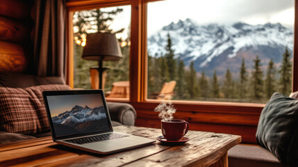 Laptop on wooden desk by window overlooking snowy mountain landscape, showcasing remote work in winter setting. Winter work retreat and mountain view concept, digital nomad lifestyle